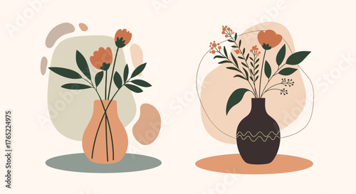 Two Minimalist Vases with Delicate Floral Arrangements.