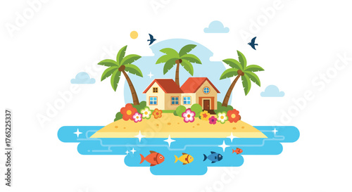 Tropical Island Getaway with Palm Trees and Colorful Fish.