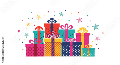 A vibrant collection of colorful gift boxes with ribbons and bows.