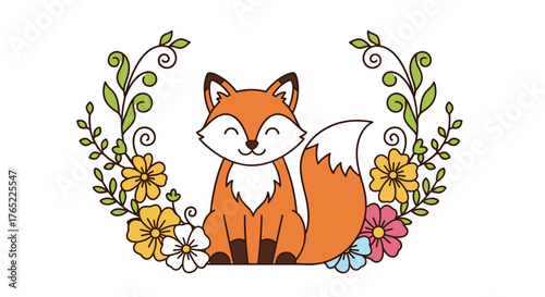Adorable smiling red fox character surrounded by colorful flowers.
