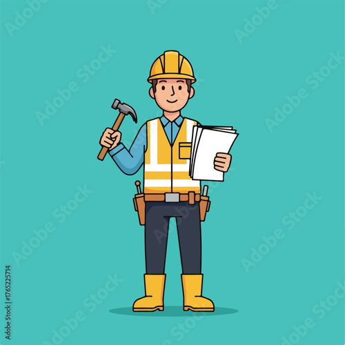 Builder in protective gear holds hammer and blueprints. Perfect for construction, building, renovation, safety, and industrial themes in design projects.