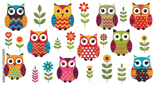Collection of Adorable Cartoon Owls with Colorful Patterns and Floral Accents.