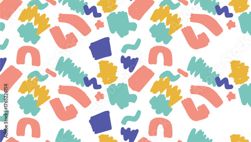 This vibrant seamless pattern features a playful arrangement of abstract shapes in peach, yellow, blue, and teal against a white background. The design evokes a sense of modern art