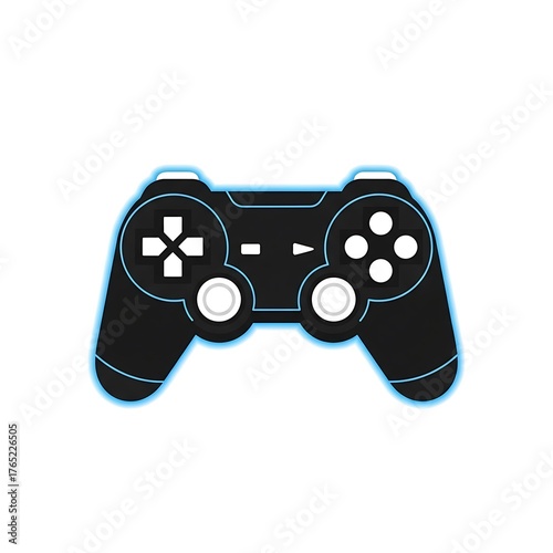 Modern video game controller with glowing blue accents on white background
