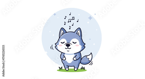 Cute cartoon wolf enjoying music with closed eyes and happy expression.
