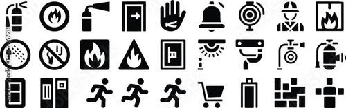 Fire protection and evacuation glyph icons bundle with smoke detector sprinkler hose extinguisher and firefighter helmet – black vector pictogram set for safety training and emergency prevention