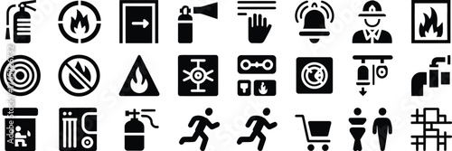 Fire protection and evacuation glyph icons bundle with smoke detector sprinkler hose extinguisher and firefighter helmet – black vector pictogram set for safety training and emergency prevention