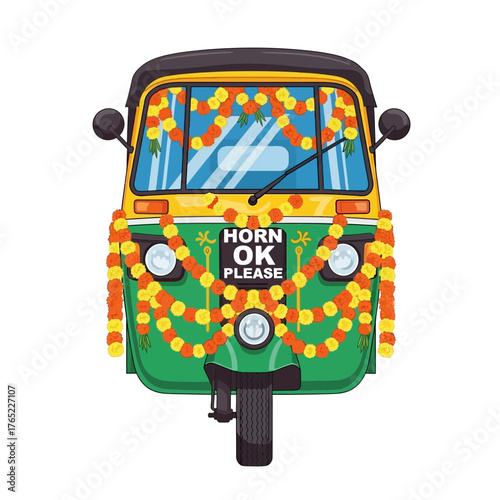 Colorful Indian Auto Rickshaw Vector – Traditional Decorated Tuk Tuk with “Horn OK Please” Sign and Floral Garlands