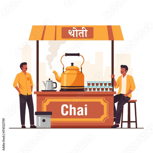 Indian Chai Tea Stall Vector Illustration – Street Vendor Preparing Hot Tea for Customers in Local Market