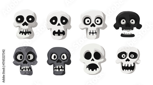 Collection of Cartoon Skulls with Various Expressions for Halloween.