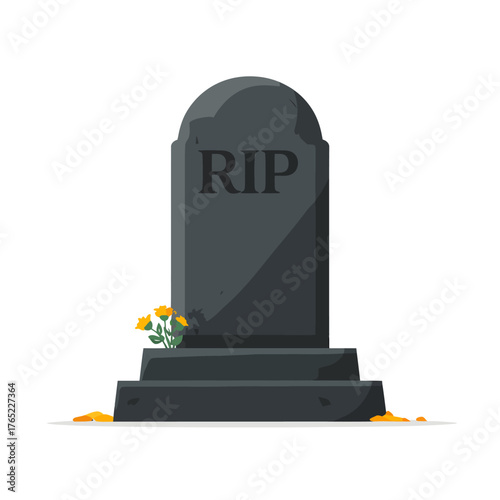 Cartoon Tombstone with RIP Inscription and Flowers Illustration.