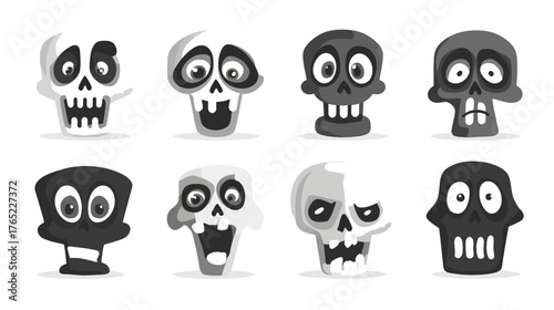 Collection of Cartoon Skulls with Expressive Eyes and Teeth.