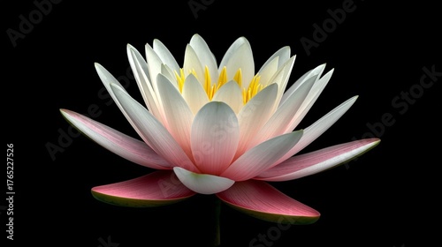 A closeup image of a water lily flower in a black background. The image is in 3d quality.
