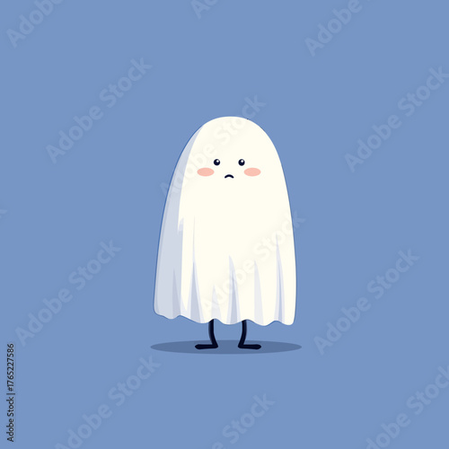 Sad Cartoon Ghost with Droopy Eyes and Blush.