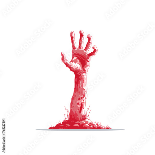 Red Zombie Hand Emerging from Ground Illustration.