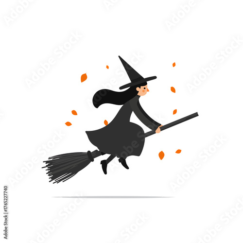 Whimsical Witch Soaring on Broomstick in Autumnal Scene.