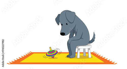 A sad grey dog sits on a small stool watching a spinning top.