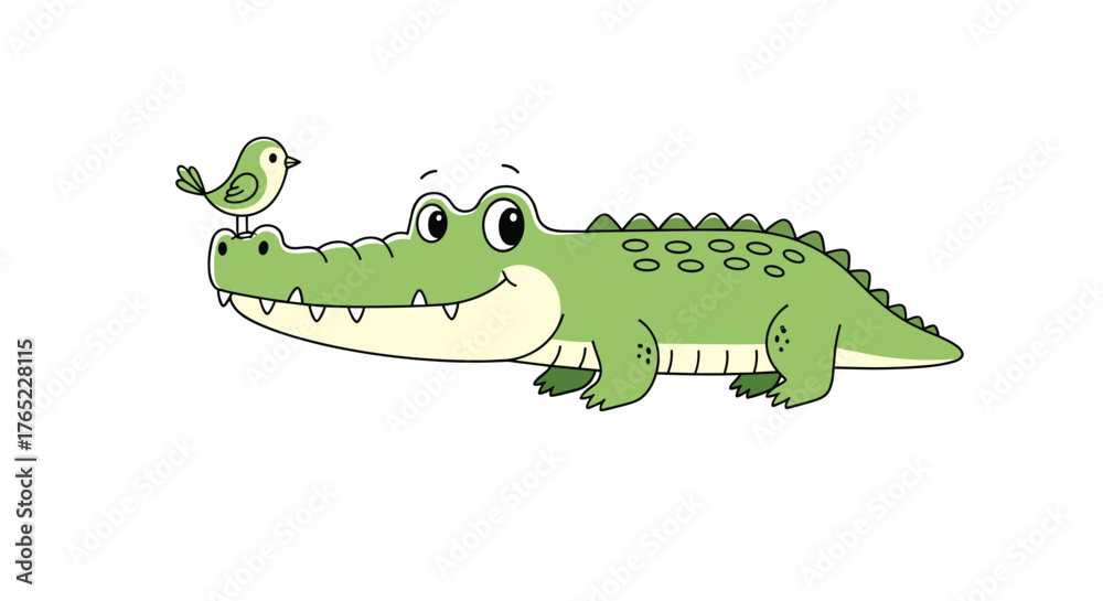 Fototapeta premium Friendly crocodile with a small bird perched on its head, smiling happily.