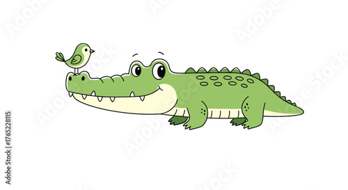 Friendly crocodile with a small bird perched on its head, smiling happily.