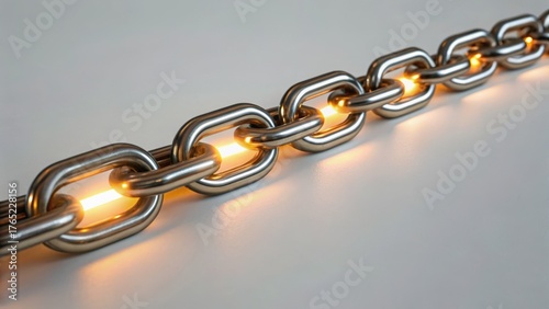Metal chain with illuminated links creating a striking visual effect on a smooth surface.