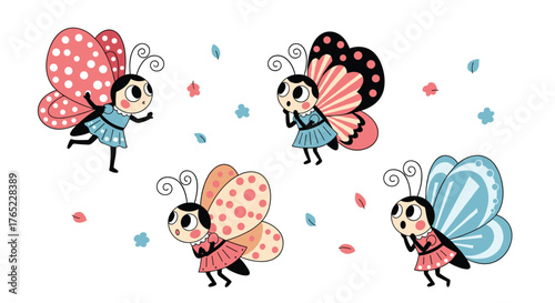 Cute cartoon butterflies with big eyes and colorful wings in various poses.