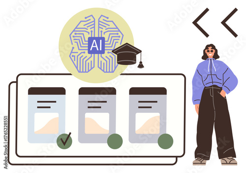 AI brain graphic with circuits, graduation cap, task checklist, and confident student. Ideal for AI, education, learning, technology innovation future progress. Simple flat metaphor