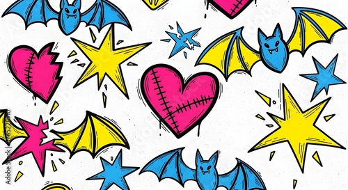 Wallpaper Mural Colorful cartoon-style pattern featuring bats, hearts, and stars, suitable for playful designs and backgrounds Torontodigital.ca