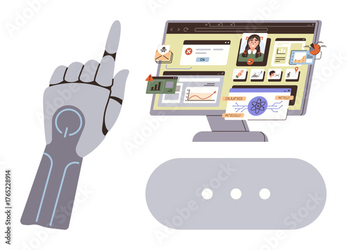 Robotic arm pointing at computer screen displaying data, graphs, notifications, and interfaces. Ideal for technology, AI, robotics, innovation research computing automation concepts. Simple flat