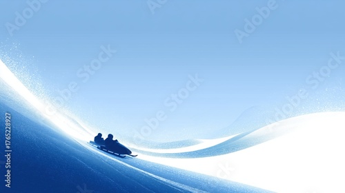 Minimalist illustration of a bobsleigh team sliding down a snowy slope under a blue sky.