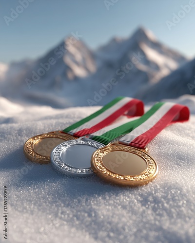 Gold, silver, and bronze medals on snow with Italian flag ribbon and mountain background. Concept for the 2026 Winter Olympics in Italy. 