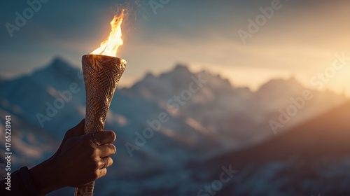 Hand holding an Olympic torch with a flame against the snowy mountain sunset background. Concept for the 2026 Winter Olympics in Italy. 