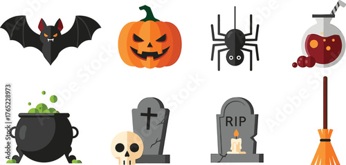 Halloween Icons Including Bat Pumpkin Spider Potion Cauldron Tombstone Skull Broom Keywords: halloween, bat, pumpkin, spider, potion, cauldron, tombstone, skull, broom, spooky, scary, creepy