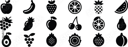 Vector fruit icons collection featuring banana, strawberry, pineapple, watermelon, grapes mango, peach cherry, lemon avocado, pear and kiwi – black glyph symbols for healthy food infographic and menu 