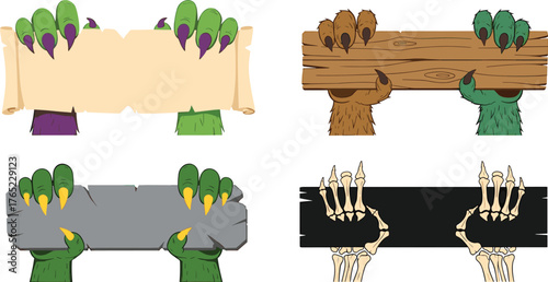Halloween monster hands holding various signs and banners on white background Keywords: halloween, monster, hand, claw, grip, holding, sign, banner, scroll, wood, stone, dark, spooky, creepy