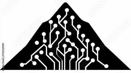 Black mountain silhouette with white circuit board pattern and connected nodes illustration design art