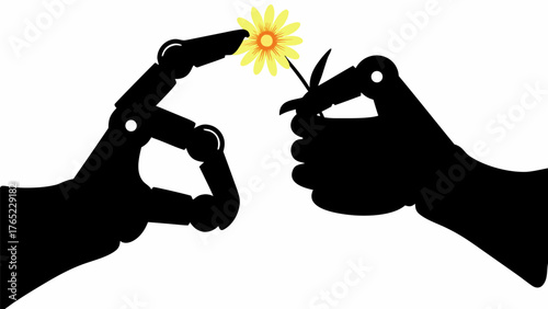 Two robotic hands interacting with a bright yellow flower against a plain white background space here