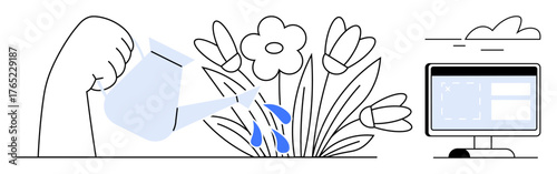 Hand pours water on blooming flowers, computer screen nearby. Ideal for growth, creativity, sustainability, productivity, balance, mindfulness teamwork. Simple flat metaphor