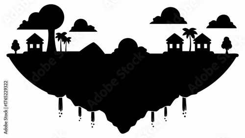 Silhouette of a floating island with houses palm trees and clouds in a black and white vector illustration