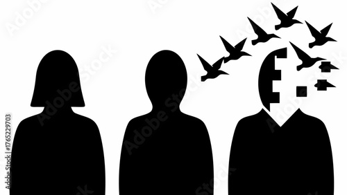 Silhouetted figures with birds flying from one head representing thought and freedom of the mind concept