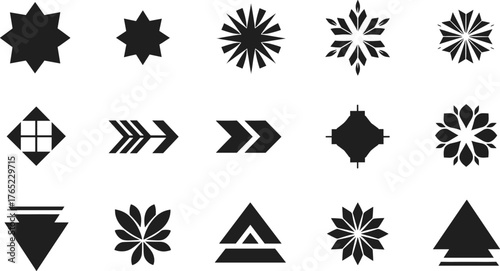 Set of Fifteen Black Geometric Shapes and Icons on White Background Keywords: geometric, shape, icon, symbol, abstract, design, element, black, white background, star, snowflake, arrow, triangle