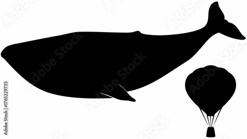 Silhouette of a large whale swimming next to a hot air balloon on a white background in a simple design