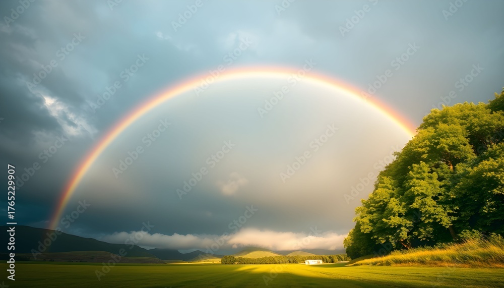 Fototapeta premium A vibrant rainbow arches across a dramatic sky with dark storm clouds breaking to reveal sunlight illuminating a lush green hillside.