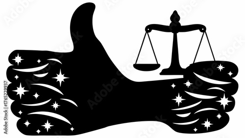 Black silhouette of a hand giving a thumbs up with stars and a scale of justice in the hand design