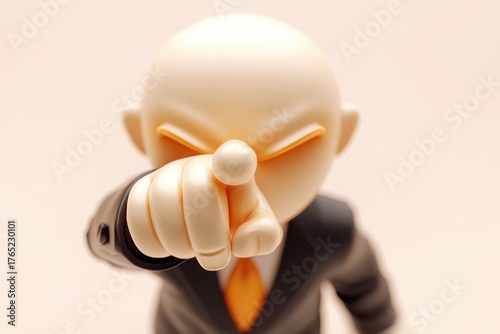 Aggressive, stylized businessman figure pointing finger, embodying social engineering and forceful persuasion tactics