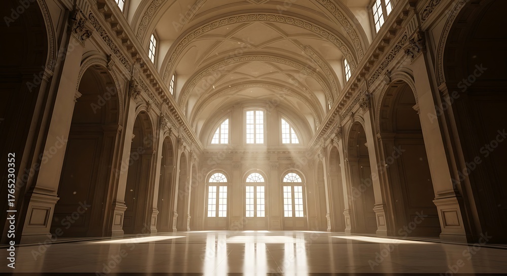 Fototapeta premium A spacious room features a high arched ceiling, giving it a grandiose feel