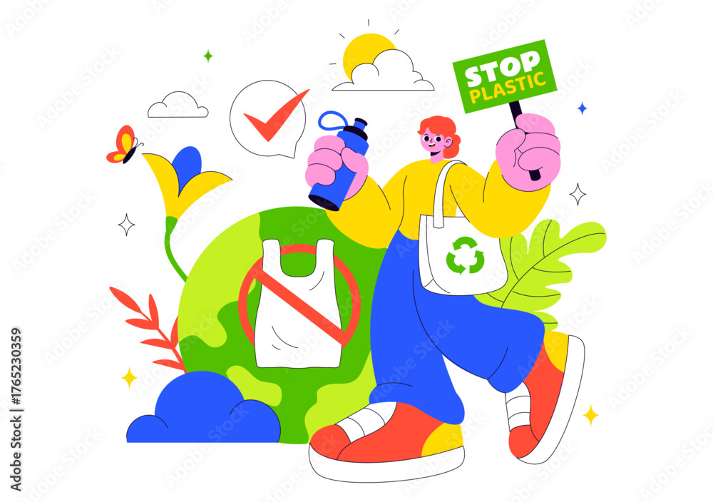 Naklejka premium Plastic Waste Reduction Vector Illustration Featuring Waste Minimization, Organic Garbage Management, And Environmental Awareness Campaign Background