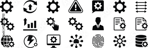 Gear and settings icons set cogwheel, wrench, process, optimization, system update, configuration, maintenance and automation concept, black glyph silhouettes for business, app