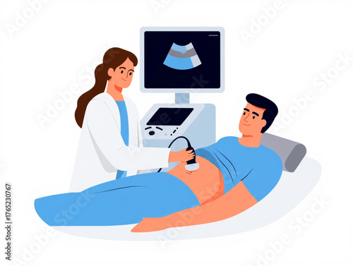 Doctor performing ultrasound on a male patient in a medical clinic