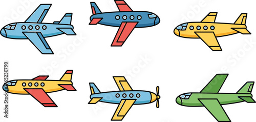 Six Cartoon Airplanes in Various Colors and Designs on White Background Keywords: airplane, plane, aircraft, aviation, travel, transportation, flight, jet, propeller, cartoon, illustration