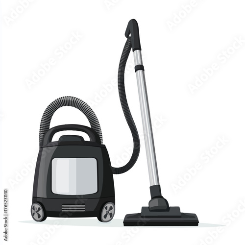 Modern black vacuum cleaner with hose and nozzle for home cleaning